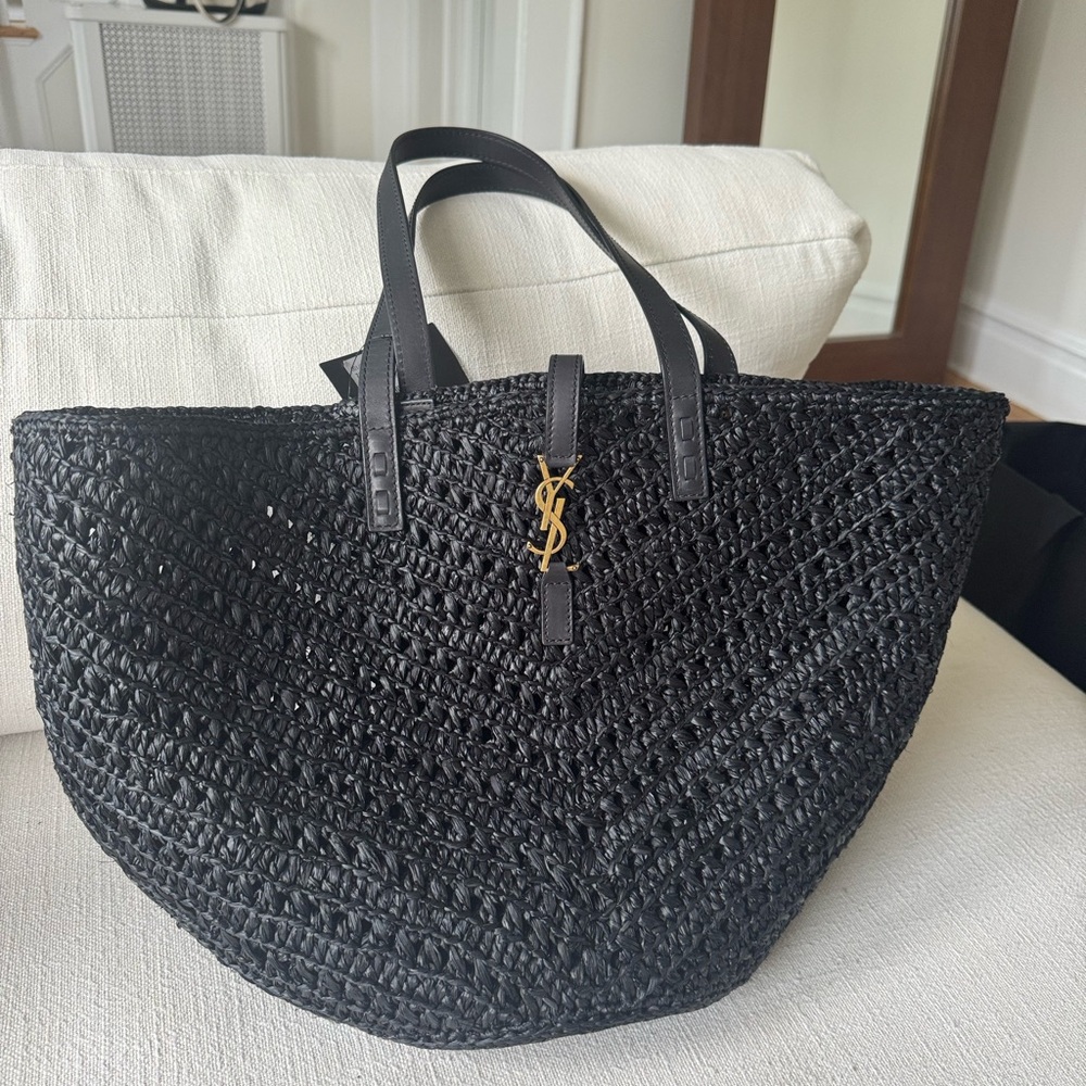 NWT Yves Saint Laurent Black Panier Rafia Tote (Large)